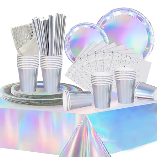 COLANANA Partygeschirr Kindergeburtstag,Silber Geburtstag Party Geschirr Set mit Teller Tischdecke Tassen Servietten Papier Strohhalme für Babydusche Geburtstag Hochzeit Party(16 Gäste)