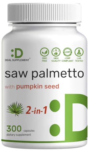 Saw Palmetto Supplement with Pumpkin Seed, 300 Capsules | Promotes Prostate Health | DHT Blocker | Hair Growth Vitamins, Maintain Normal Urinary Frequency