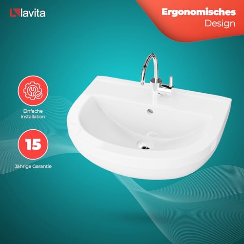 LAVITA Hängewaschbecken Bart | Waschbecken hängend | Waschtisch Rund | Waschbecken mit Überlauf und Hahnloch | Hochwertige Keramik | Badezimmer | 50,5x42x19 cm | Weiß Glanz – Bild 5