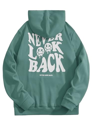 COZYEASE Men's Graphic Letter Print Drawstring Street Hoodies Oversized Vintage Long Sleeve Sweatshirts Mint Green L