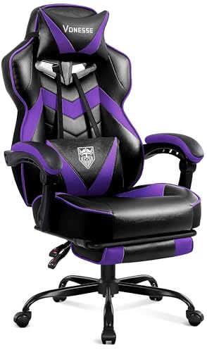 Vonesse Gaming Chair,Computer Chair with Footrest and Massage,Reclining Gaming Chairs for Adults,Big and Tall High Back Gamer Chair (Purple/Black)