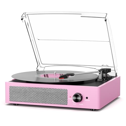 Vinyl Record Player with 2 Stereo Speakers Belt-Driven Vintage Turntables 3 Speed 3 Size Wireless Bluetooth Playback AUX-in RCA Out Headphone LP Vinyl Players Auto Stop Pale Pink