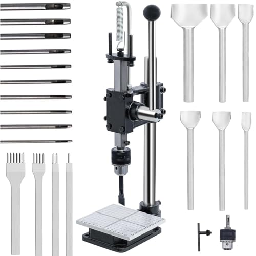 Perforadora manual para cuero, máquina perforadora con resorte que ahorra esfuerzo y placa base graduada desmontable, altura ajustable de 0 a 16 cm para perforar agujeros en cuero y manualidades