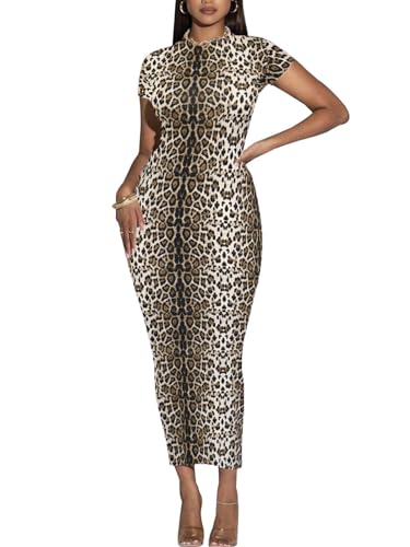 Image of Women's Long Bodycon Dresses Leopard Print Casual Maxi Club Party Tight Dress Short Sleeve