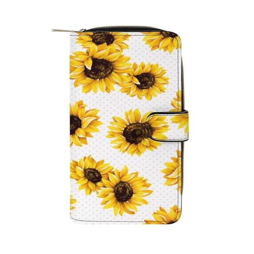 Nugier Women Soft PU Leather Wallet, Zipper Card Case Clutch Credit Bills Money Crash Coin 7.8x4.3x1.4 in Holder Purse Print Seamless Sunflowers on Polka Dots