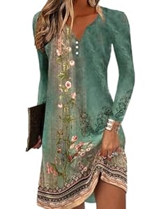 Yeenily Sommerkleid Damen V-Ausschnitt Strandkleid Damen Kleid Langarm Damen Boho Kleidung Damen Elegant Kleid Festlich Damen Blumen Damenkleider Lose Sommerkleider für Frauen (Grün, M)