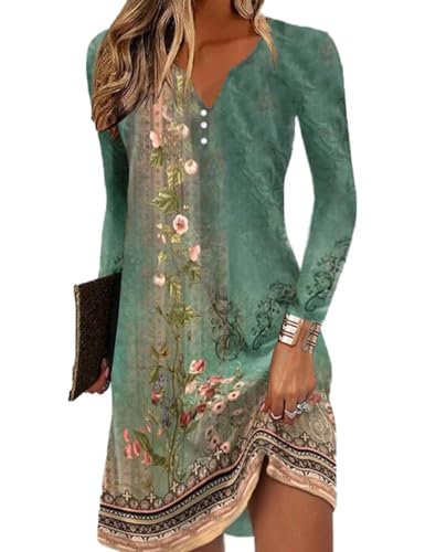 Yeenily Sommerkleid Damen V-Ausschnitt Strandkleid Damen Kleid Langarm Damen Boho Kleidung Damen Elegant Kleid Festlich Damen Blumen Damenkleider Lose...