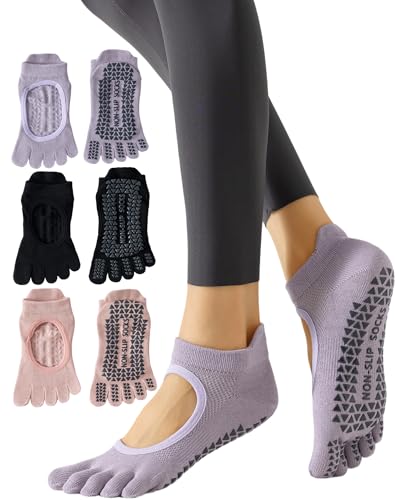 Yawlsow 3 Pairs Pilates Toe Socks for Women (US Alpha One Size Regular Regular Pink+Purple+Black)