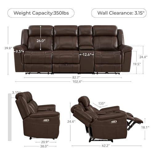 Image of CHITA Leather Power Recliner Sofa, Dark Brown, 3-Seat with Console
