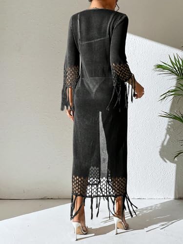 Womens Crochet Knit Swimsuit Coverup Beach Cardigan Summer 2025 Tie Front Tassel Bathing Suit Cover Up Kimono3