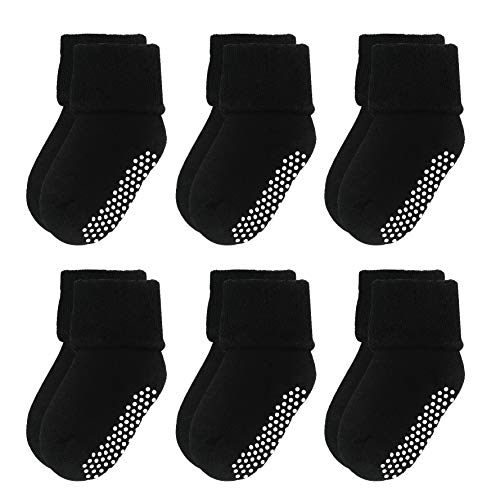 VWU 6 Pack Baby Socks with Grips Toddler Kids Unisex Thick Cotton Socks 0-6T (Black, 4-6T)
