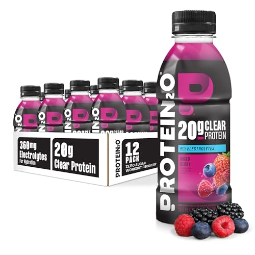Protein2o Hydration Drink - 2-in-1 Liquid Clear Whey Protein Isolate and Electrolyte Drink - 20g Protein, Vitamins B5, B6 - Post-Workout Recovery - 16.9 Fl Oz - 12 Count Mixed Berry