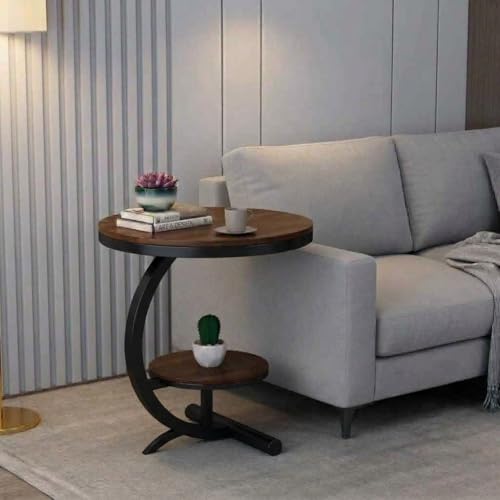 Image of NEST NATURE HAVEN Wood 2 Tier Round Coffee Table Nightstand Bedside Telephone Table with Storage, End Table Sofa Side Corner Table for Living Room Bedroom, Black Brown