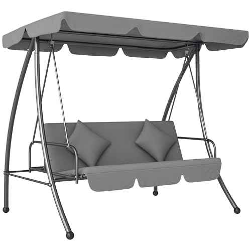 Outsunny Balancelle de Jardin Convertible 3 Places Grand Confort Inclinaison Toit réglable Matelas fourni 2L x 1,25l x 1,7H m métal Polyester Noir Gris Clair