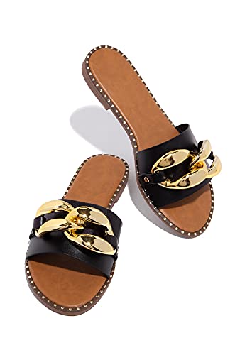 pearl&she Women's Leather Flat Slippers Metallic Link Chains Slip On Summer Indoor and Outdoor Slide Sandals