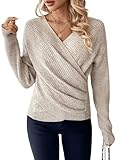 SOLY HUX Women's V Neck Long Sleeve Off Shoulder Sweaters Criss Cross Wrap Ruched Pullover Fall Tops Plain Apricot Medium