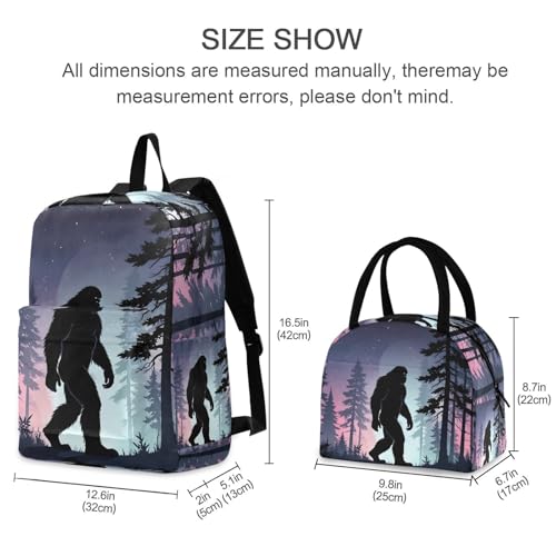 Backpack Lunch Box Set Large Capacity Travel Backpacks and Insulated Lunch Bag for Commute Hiking Picnic Silhouettes Sasquatch Print2