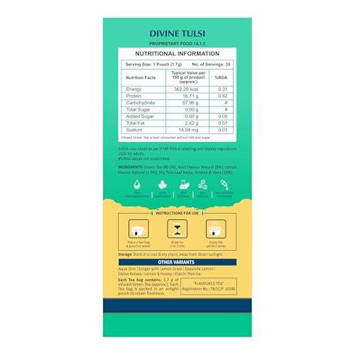 Image of Leeford Divine Tulsi Green Tea for Weight Loss - with Antioxidants and Nutrients | Pack of 2 (30 Bags Each) | Stress Relieving, Uplifts Mood, Rich in Antioxidants | Green Tea for Weight Loss