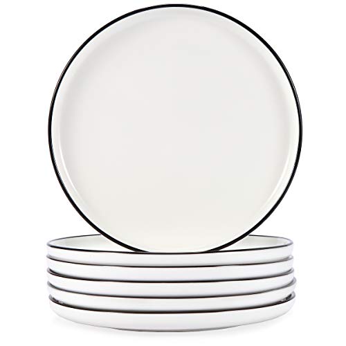 AQUIVER 8'' Ceramic Dinner Salad Plates - Porcelain Classic White Lunch Plates with Black Edge - Dining Party Restaurant Round Serving Dish for Steak, Pizza, Salad, Pasta, Pie, Set of 6