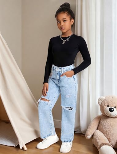 Baggy Jeans for Girls Wide Leg Ripped High Elastic Waisted Denim Pants Cute Summer Trousers Y2K Streetwear 7-14Y4