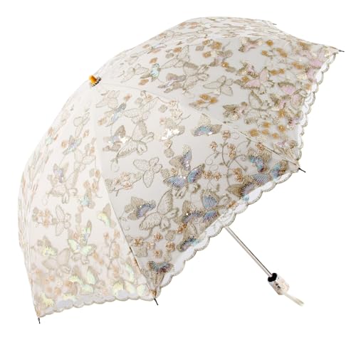Honeystore Vintage Lace UV Sun Parasol Folding 3D Flower Embroidery Umbrella 2510-Beige