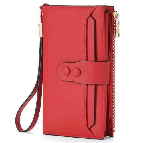 Large Genuine Leather Wallet for Women RFID Blocking Multi Card Organizer Wristlet Clutch (Red)