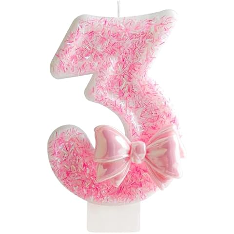 Birthday Candle Number 3, Pink Glitter Number Candles with Bowknot Decorations Happy Birthday Cake Candles for Girls, Women, Birthday Party Wedding Anniversary Celebration Supplies Cover