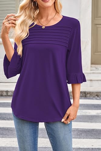 Halife Womens 3/4 Length Ruffle Bell Sleeve Pleated Flowy Dressy Casual Tops Blouses3