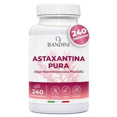 Bandini® Astaxantina 240 tabletas (suministro para 8 meses), Pura 8 mg por comprimido, Astaxanthin natural de microalga Haematococcus Pluvialis, sin estearato de magnesio, sin OGM, 100% vegano