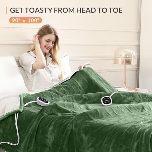 Image of HOMLYNS LuxeHeat Heated Blanket Electric Blanket King Size, Soft Flannel Sherpa Heating Blanket with 10 Heat Settings, 1-10 hrs Timer Auto Shut Off (90x100 inches, Green), Only for 120V Voltage Use
