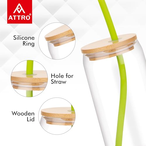 Image of ATTRO 400ml Drinking Glass with Wooden Lid & Silicone Straw Travel Sipper Tumbler- Ideal for Juices, Smoothies &Cocktails - Durable, Leak Proof Glass for On the Go