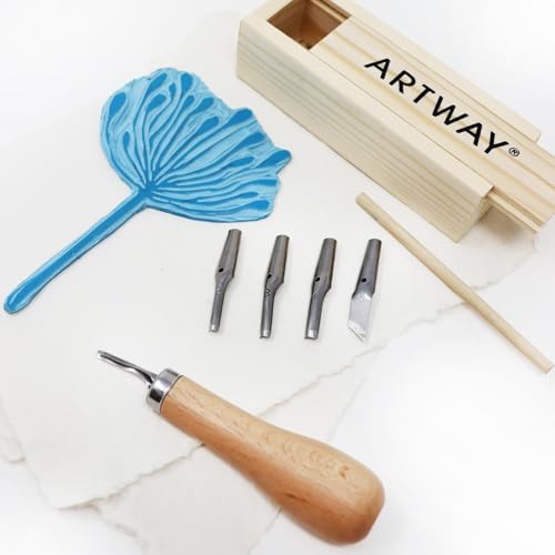 Artway Lino Cutting Tools – Ideal for Relief Printmaking – 5 Assorted Cutting Nibs and Ergonomic Handle in Wooden Storage Box