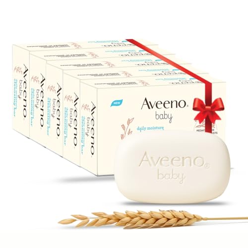 Image of Aveeno Baby Daily Moisture Cleansing Bar 75g (Pack of 5) | With natural Oatmeal, Glycerin and Shea Butter | Co-created with Pediatricians and Dermatologists for newborn sensitive skin | pH balanced, free of soap, parabens sulfates and phthalates