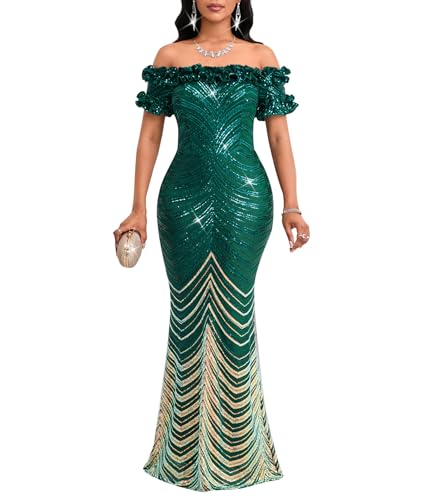 Image of dasmzper Women Sexy Sequin Off Shoulder Ruffle Short Sleeve Bodycon Mermaid Party Formal Evening Maxi Dress