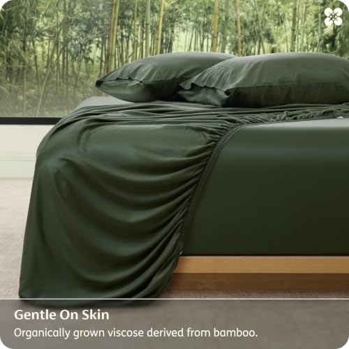 Image of Bedsure PureWoven 100% Viscose Derived from Bamboo King Size Sheet Set 3PCS | Organically Grown, 18 inch Deep Pocket, Cooling Fitted Sheet Set for Hot Sleepers, Luxury Silky Soft, No Flat Sheet, Olive Green