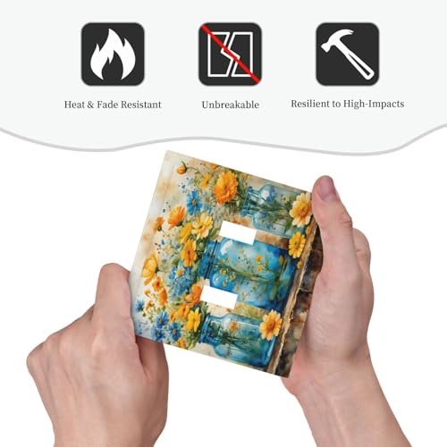 Decorative Switch Covers Plate Rustic Yellow Flowers Floral Blue Bottles 2 Gang Wall Plate Oversized Double Toggle Light Switch Plate Wall Cover Plate Faceplate for Country Home Decor