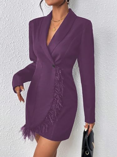 WDIRARA Women's Fuzzy Trim Wrap Button Front Long Sleeve Shawl Collar Blazer Dress4