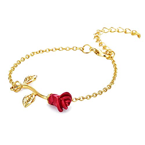 JczR.Y Red Rose Flower Bracelet for Women Girls Chain Leaf Flower Bracelet Charm Link Romantic Couple Bracelet Teen Lover Jewelry Gifts(gold)
