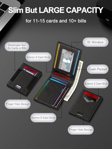 Image of Contacts Slim Leather Bifold for Men | RFID Blocking Card Holder with ID Window | Holds 13-17 Cards, Large Cash Slot | Thin Minimalist Front Pocket Design | Gift for Men (Black)