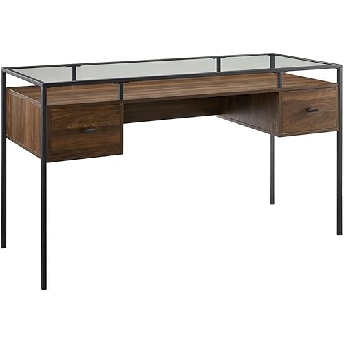 Walker Edison Furniture AZ56FUL2DGTDW Glass Top 2 DraWalker Edisonr Computer Writing Desk, 56, Dark Walnut