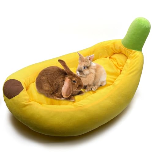 Acsist Rabbit Bed Bunny Bed Thick&Soft with Removable Mat Machine Washable Guinea Pig Cushion Cozy Rabbi Plush House Warm Small Animal Sleeping Beds(Yellow Banana Shape-L)