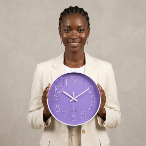 Image of jomparis Purple Wall Clock 12 Inches Silent Quartz Wall Clock Lavender Decor for Girls Bedroom, Nursery