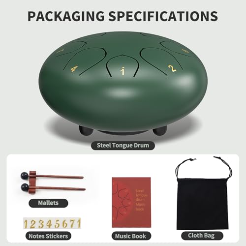 Image of Rain Drum for Outside Garden, 6 Inches 8 Notes Steel Tongue Chakra Drums, Waterproof Meditation Rain Chime, Musical Instruments for Adult Gift with Bag, Music Book, Drum Mallets (Green)