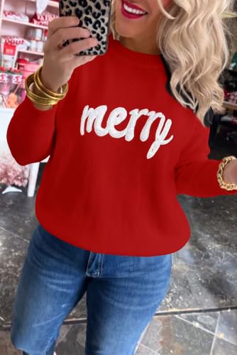 Image of LEMAFER Women 2026 Merry Christmas Round Neck Sequin Letters Sweater Casual Solid Slogan Long Sleeve Pullover Sweatshirt Tops