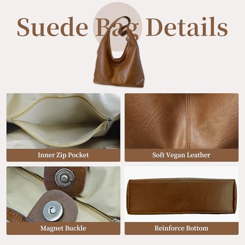 Image of Leather Hobo Bags for Women Slouchy Tote Bag Retro PU Leather Purse Soft Shoulder Handbags Large Work Tote Bag 2pcs