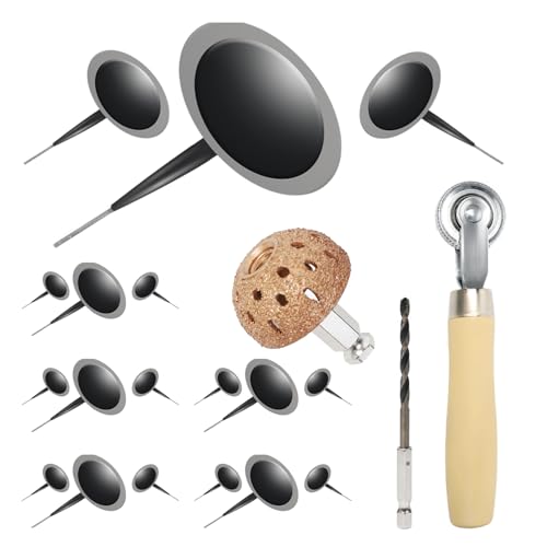 FHTDW Tire Repair Patch Tool Kit Including Tire Patch Plugs in 3 Size, Tungsten Steel Buffing Wheel, Tire Patch Roller with 4mm Twist Drill Bit for Vehicle