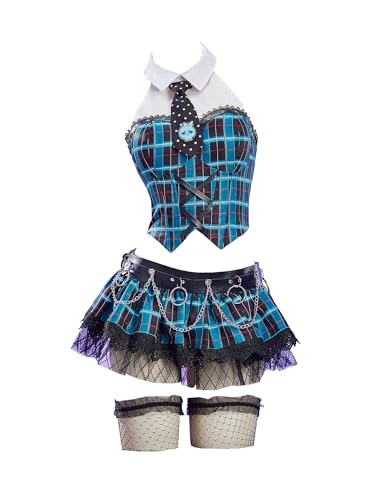 MEOWCOS Womens Gothic Punk Corset Top and Skirt Set Blue Black Plaid Goth Halloween Costume with Gloves and Tie