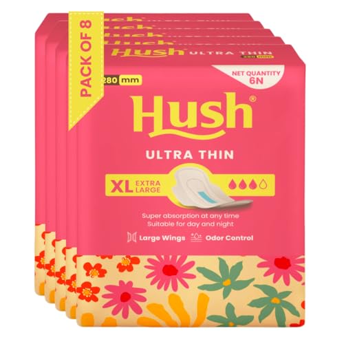 Image of Hush Ultrathin Sanitary Pads | 280mm | Super Absorption | Large Wings | Odour Lock | Comfortable & Long-Lasting Protection | Pack of 8 | XL | 48 Sanitary Pads