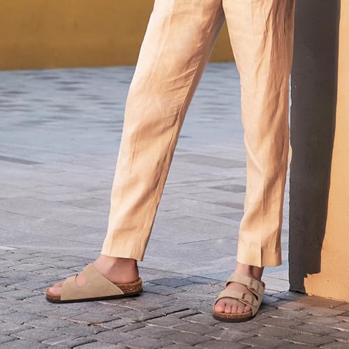Image of ODOLY Unisex Comfortable Cork Footbed Slide Sandals with Arch Support | Adjustable Buckle, Lightweight Summer Sandals for Travel and Everyday Wear