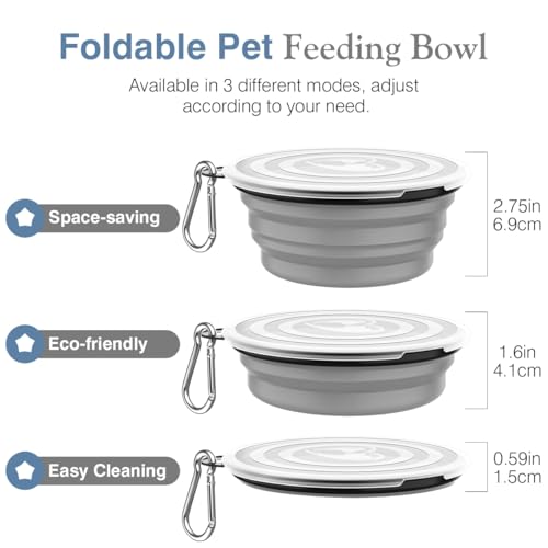 Pawaboo Faltbar Hundenapf, 2 Stück 1000 ml Hund Reisenäpfe Tragbar Silikon Auslaufsicher Trinknapf Fressnapf mit Deckel und Karabiner für Hunde Katzen Spaziergänge Unterwegs, Blau + Grau